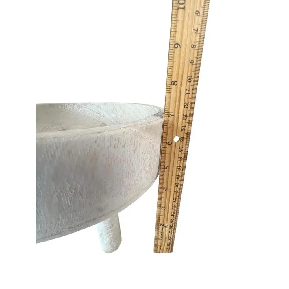 Hand Carved‎ Wooden Tripod Bowl Whitewashed Footed Primitive Style Decor